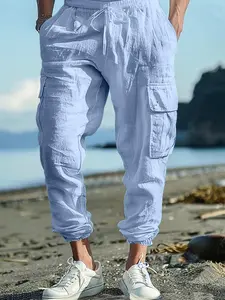 Men's Solid Color Linen Pants, Loose Casual Comfy Waterproof Quick-drying Tactical Casual Slant Pocket Pants for Outdoor Hiking, Men's Trousers for All Weather Conditions, Menswear, Casual Lounge Pants, Casual Sport Trousers