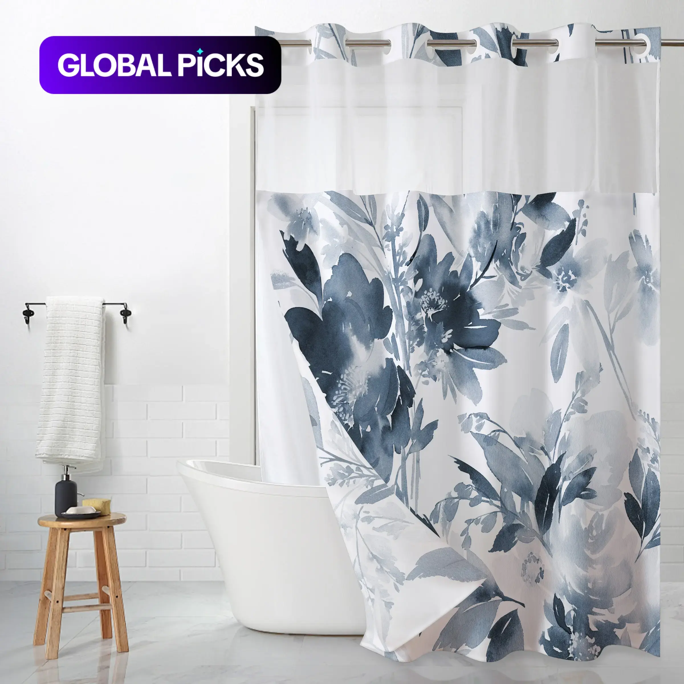 Floral Printed Waterproof Decorative Shower Curtain with Removable Liner, Floral Shower Curtains For Bathroom, 1-Count Bathroom Decor Accessory for Home, Hotel, Salon & Dormitory #GLOBAL PICKS