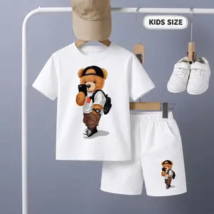 Children's Admit Itlife Bear Cartoon Print Short-Sleeve T-Shirt And Shorts Set—Casual Summer Kids' Clothing. This Round-Neck Outfit Combination Is Perfect For Everyday Wear And Outdoor Play.