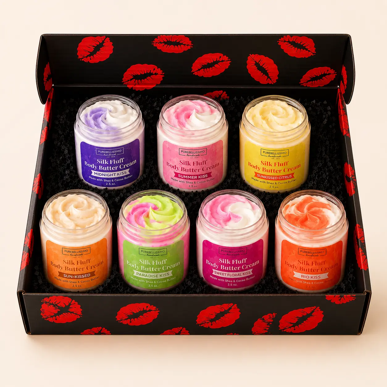 PureBellissimo Silk Fluff Body Butter Cream Sample Set - 7 Scents, Shea & Cocoa Moisturizer (Beauty & Personal Care, Bath & Body Care)