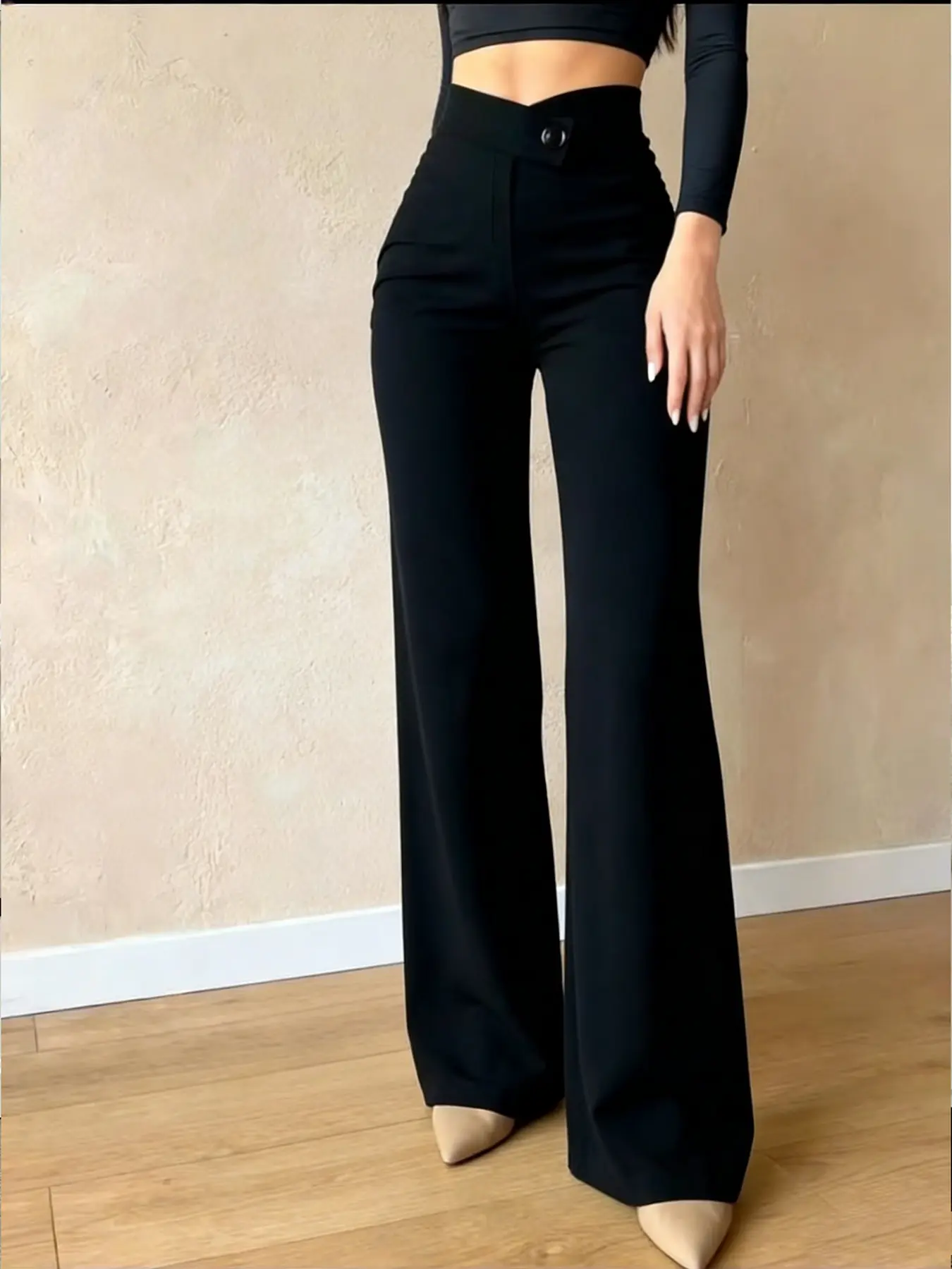 A black cross waisted wide leg pants for women's commuting Office Wear, Business Formal Wear, Business attire clothes, with a high waisted drape and straight leg mopping suit pants, suitable for commuting and versatile in temperament