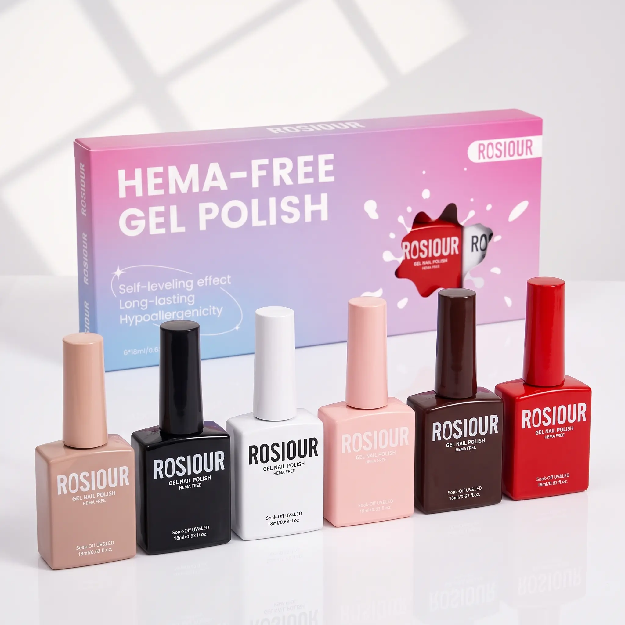 ROSIOUR 6pc Gel Nail Polish Set - 18ml Each, HEMA-Free, TPO-Free, Classic Colors, Nail Care Cosmetic for Salon & Home Use, Multi-Pack