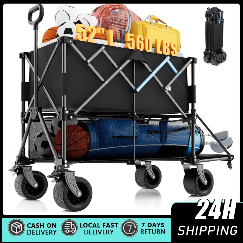 Heavy-Duty Collapsible Folding Wagon - Outdoor Double-Decker with Extender Add-On, 400L Capacity Garden Cart, 10x10 Canopy Fit, All-Terrain Big Wheels with Brakes, Utility Wagon for Sports, Camping