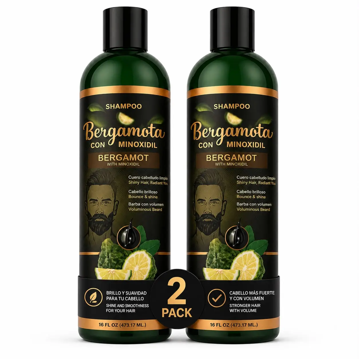 2 Pack Bergamot Shampoo 16 fl Oz Shampoo de Bergamota Premium Natural Cabello Saludable