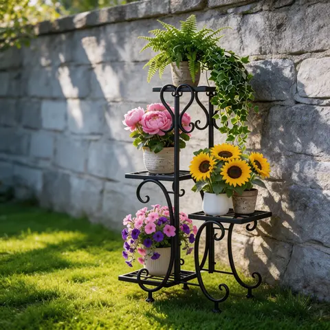 4-Tier Corner Plant Stand, Tall Metal Flower Pot Shelf Holder for Indoor & Outdoor Use - Space Saving Vertical Garden Rack for Living Room, Balcony, Patio, or Garden (Holds 4 Pots, Black/White/Gold)