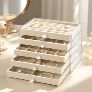 Premium Acrylic Jewelry Organizer – 5-Drawer Stackable Jewelry Box with Crystal Knobs, Ring, Earring, Bracelet & Watch Storage, Clear Drawer Jewelry Display, Space-Saving Home & Dorm Closet Organizer