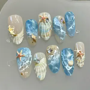 Medium Almond Press On Nails, Summer Coastal Beach Fake Nails with Hand Painted Ocean Wave Foam Gradient & 3D Starfish Shell Conch Pearl Rhinestone Charms, Vacation Girly Soft Gel Reusable Salon Quality Full Set 30pcs Multiple Sizes Available