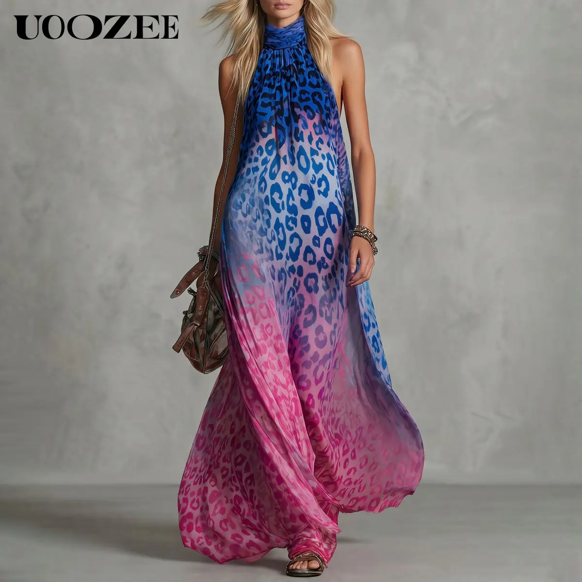Uoozee Women's Chic Casual Oversized Lightweight Ombre Leopard Print Strappy Halter Maxi Dress, 100% Polyester Sleeveless Flowy Loose-Fit Gown, Tall-Length Vacation Beach Dress with Petite Note