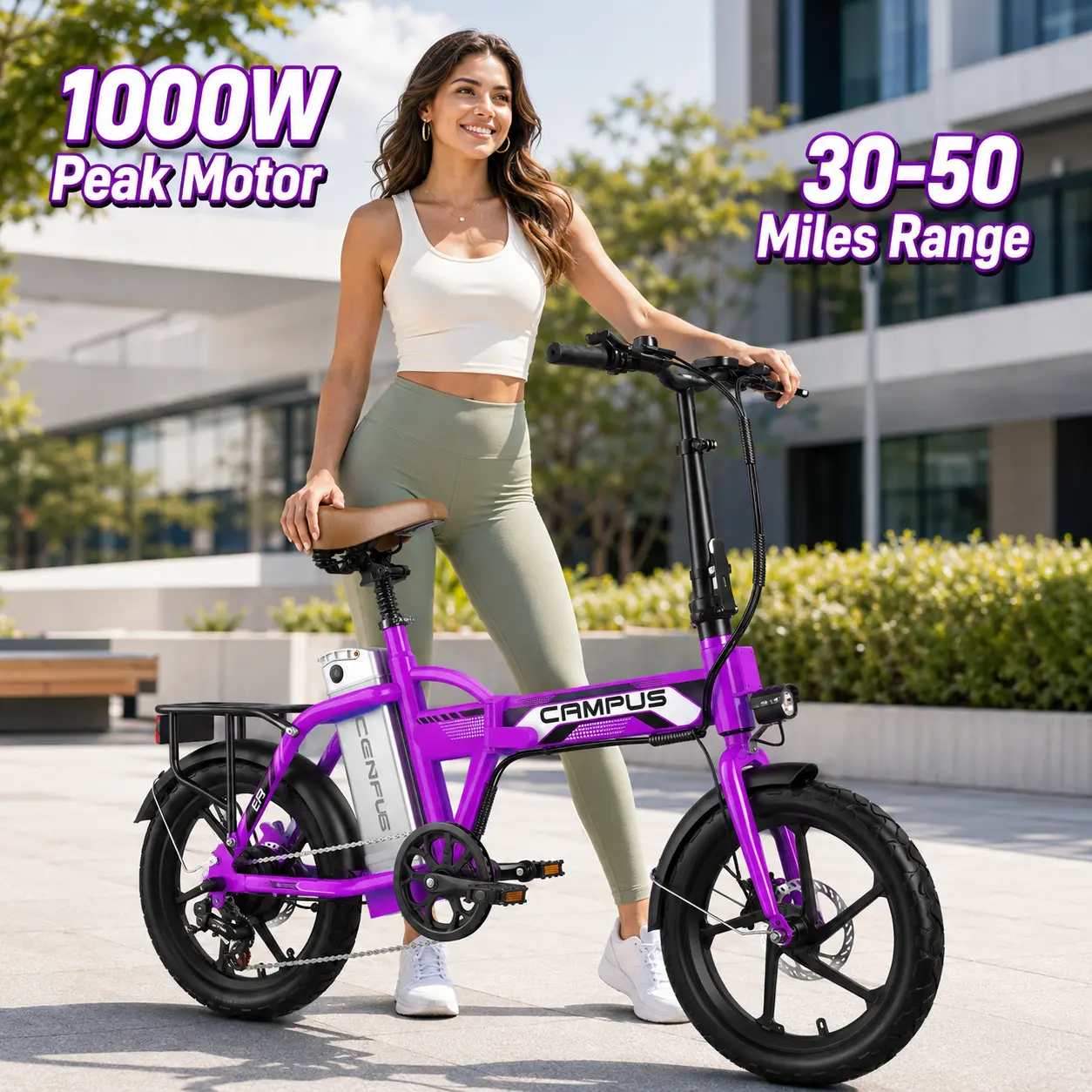 EF2 Foldable Electric Bike for Adults, 1000W Peak Motor, 20MPH Max Speed, High-Carbon Steel Frame, 16" Pneumatic Tires, 30-50 Mi Range, Front & Rear Disc Brakes, 2 Seats