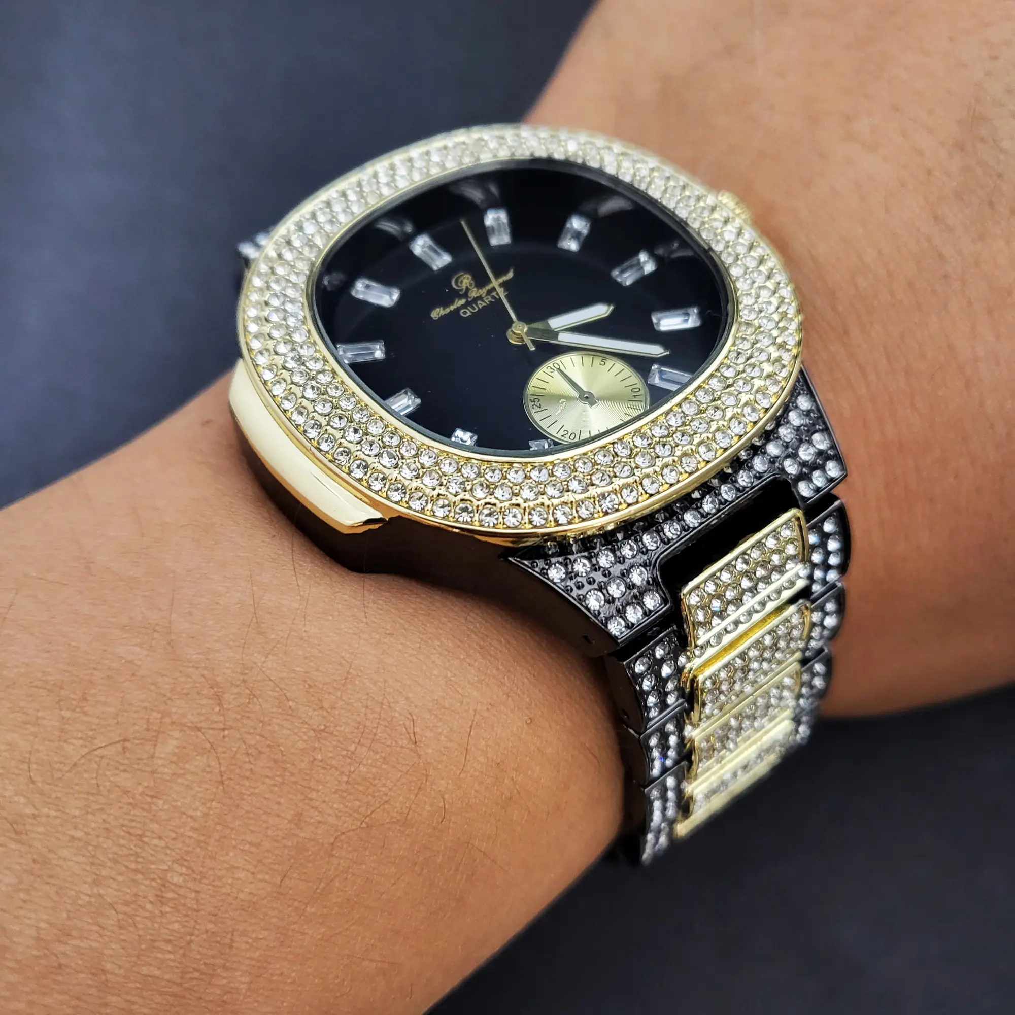 MaxBling81 Men's Modern Fashionable Wristwatch - Hip Hop Gold/Black Finished Luxury Iced Stainless Steel Band, Waterproof Analog Rhinestone Quartz Watch with Round Face and Jeweled Bezel, Metal, Iced Metal, Rhinestones, Bling Wrist Watches, Male Watch