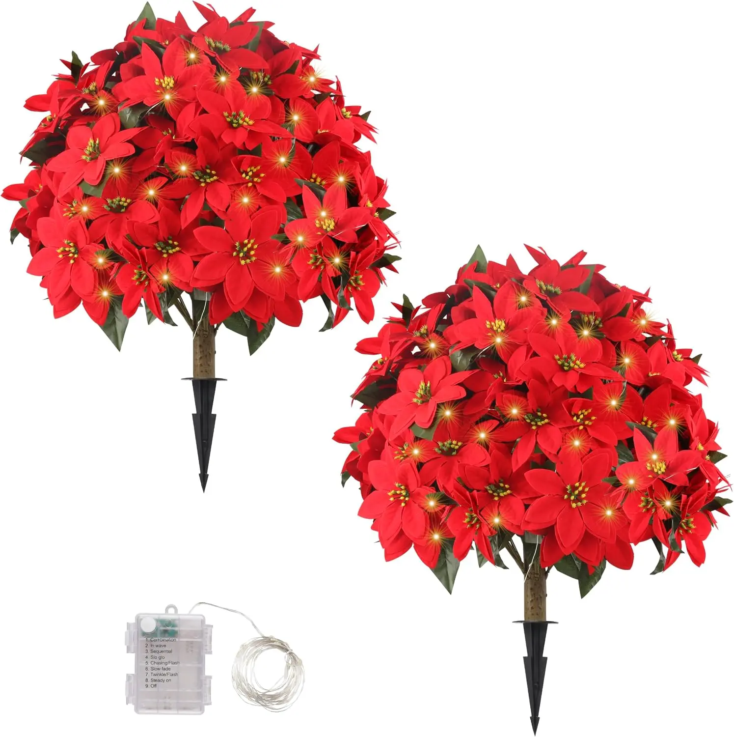 #tiktokshopsummersale 27 in Standing Artificial Maple Topiary Trees (Set of 2) with 100 LED Lights, Realistic Look UV Resistant Fall Decoration with Ground Spike, Indoor Outdoor Mother's Day Harvest Decor