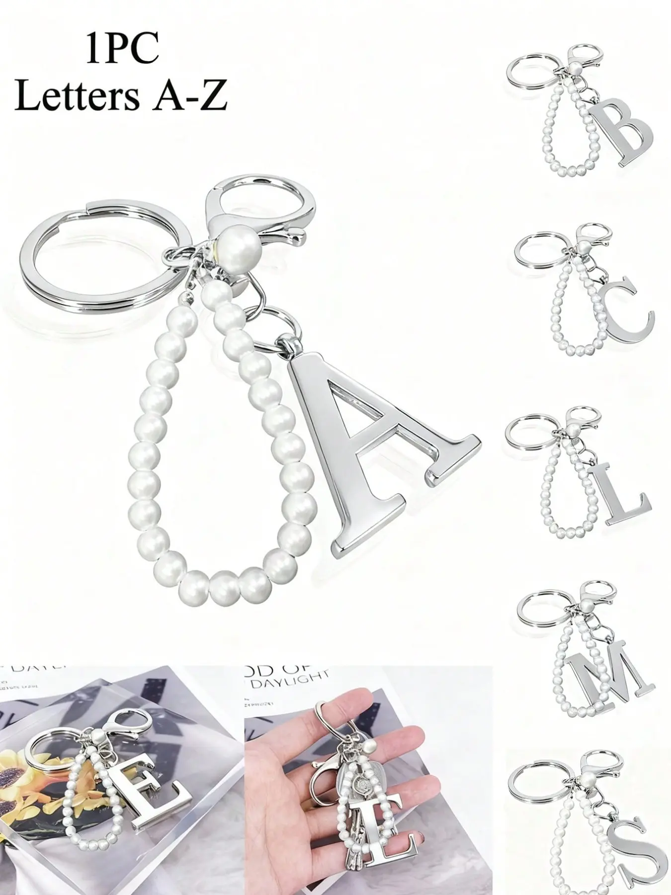 Elegant Silver Color Pearl Letter Keychain, A-Z Alphabet Pendant, Adjustable Rhinestone Chain, Fashion Alloy Ring, Backpack Charm, Christmas Gift