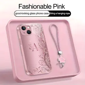 Suitable for [iPhone 14] high-end women's phone case🤩，a beautiful four-leaf clover lanyard is included🍀，a free four-leaf clover lanyard is included, with 26 letters of the alphabet to choose from and exquisite flower patterns YM99