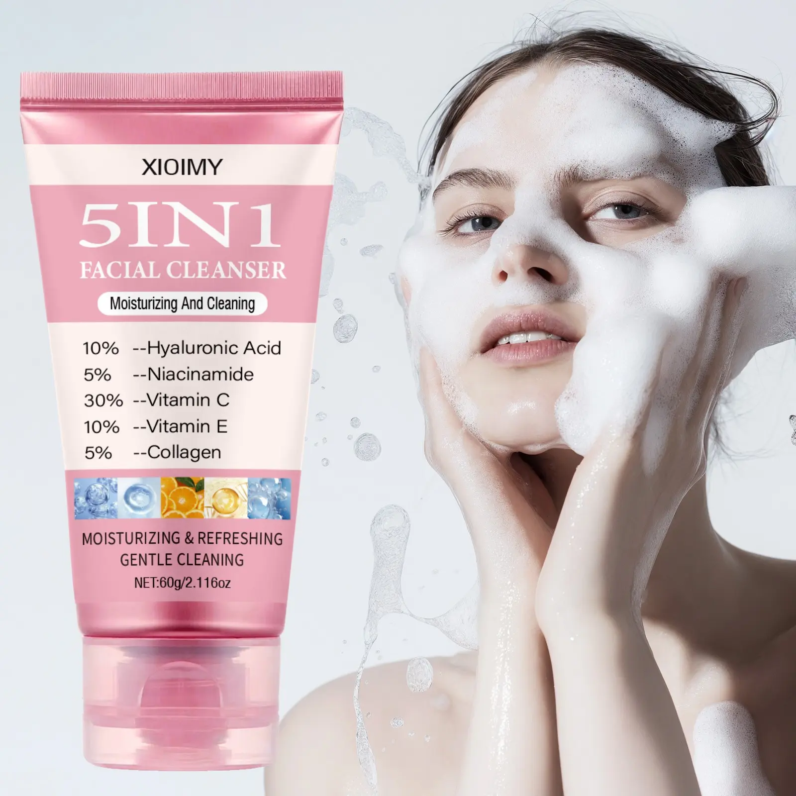 60g Hyaluronic Acid Niacinamide Vitamin C E Collagen Facial Cleanser, Deep Cleaning Hydrating Moisturizing Mild Skin Care, Smooth Radiant Skin