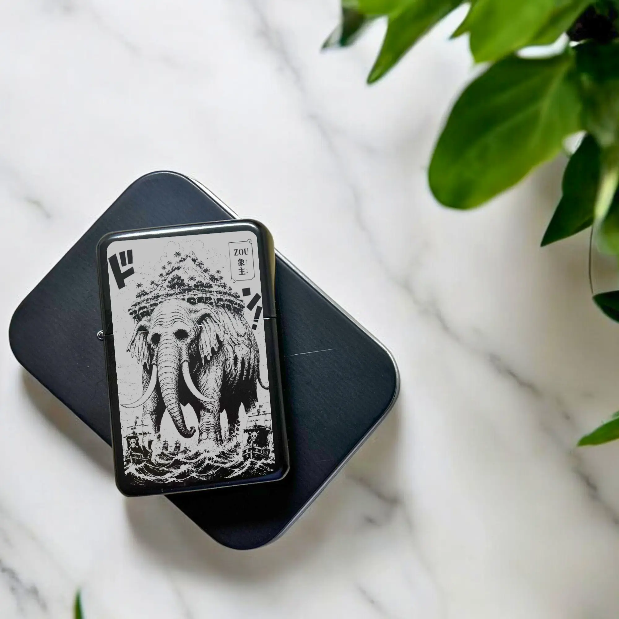 Zou Giant Elephant Fantasy Island Laser Engraved Windproof Lighter - Refillable Flip Top, Father's Day Gifts for Adults, Animal Figure Themed Outdoors Mythical Adventure Accessory