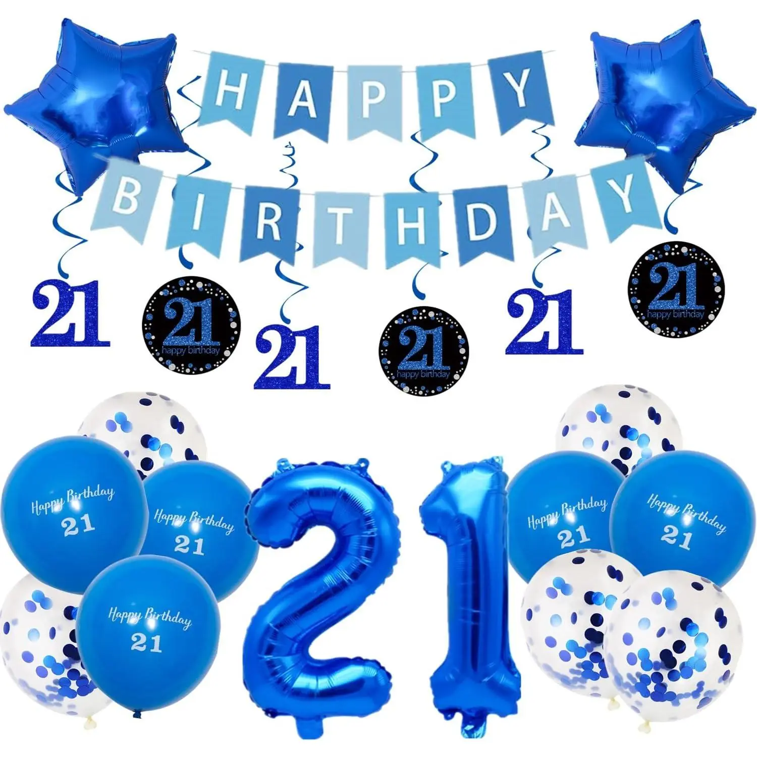 21st Birthday Party Decorations for Boys Girls Men in Blue Comprise Balloons with Swirl Decorations, A Happy Birthday Banner, A Set of 16-Inch "21" Numbers and Star Foil Balloons in Blue
