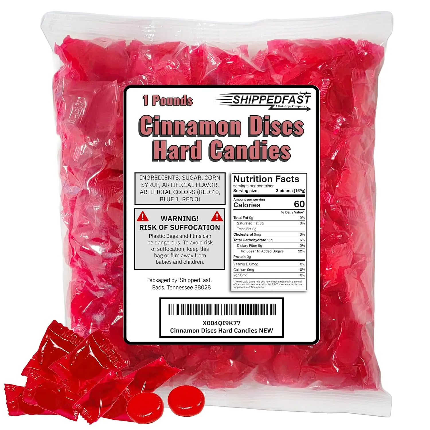 Cinnamon Discs Hard Candies - (1 Pound Bag) of Individually Wrapped Red Cinnamon Candy Disks.(16oz.)