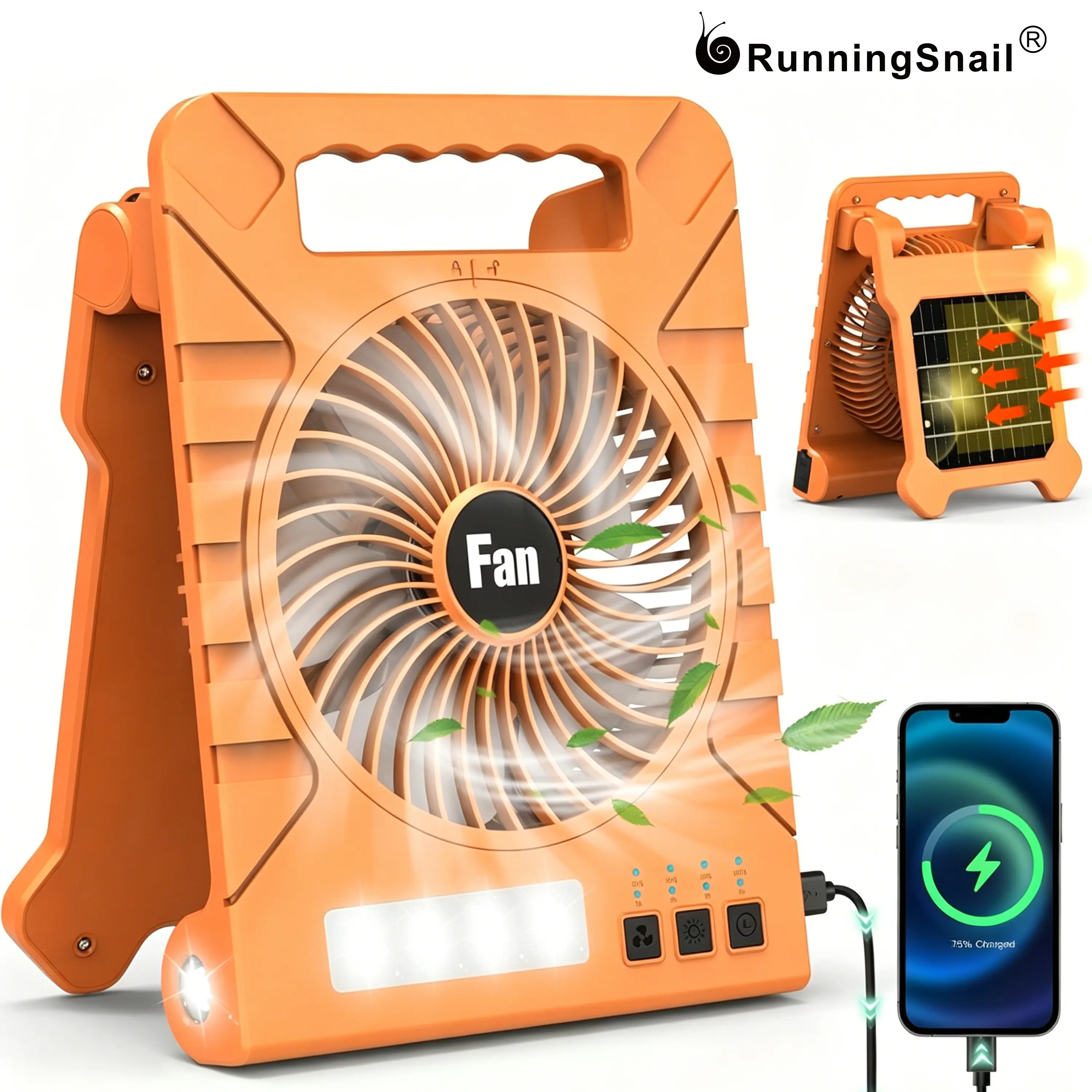 Rechargeable Solar Outdoor Cooling Fan - Folding Detachable Desk Model, Outdoor Gadgets, Pocket USB & Mobile Fans, Mini Power Bank Combo, 4 Adjustable Speeds, LED Light, Energy Efficient, USB Charging, Multifunctional Shell, Portable for Hiking Home Use,