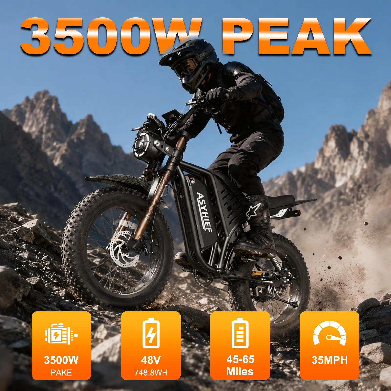 ASYHIEF AX100 Adult All-Terrain Electric Dirt Bike, 3500W Peak Motor 35MPH Max Speed, 48V 15.6AH UL2849 Removable Battery, 20"x4" Fat Tires,  LCD Screen & NFC Keyless Unlock, Full Hydraulic Suspension Dual Disc Brakes for Road, Sand, Mountain & Snow