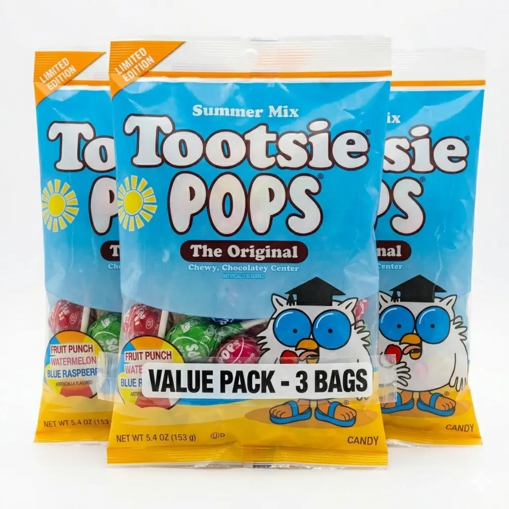 Tootsie Pops Summer Mix (3 Pack) - 5.4oz Bags - Limited Edition - Fruit Punch, Blue Raspberry & Watermelon Flavors - Nostalgic Pops