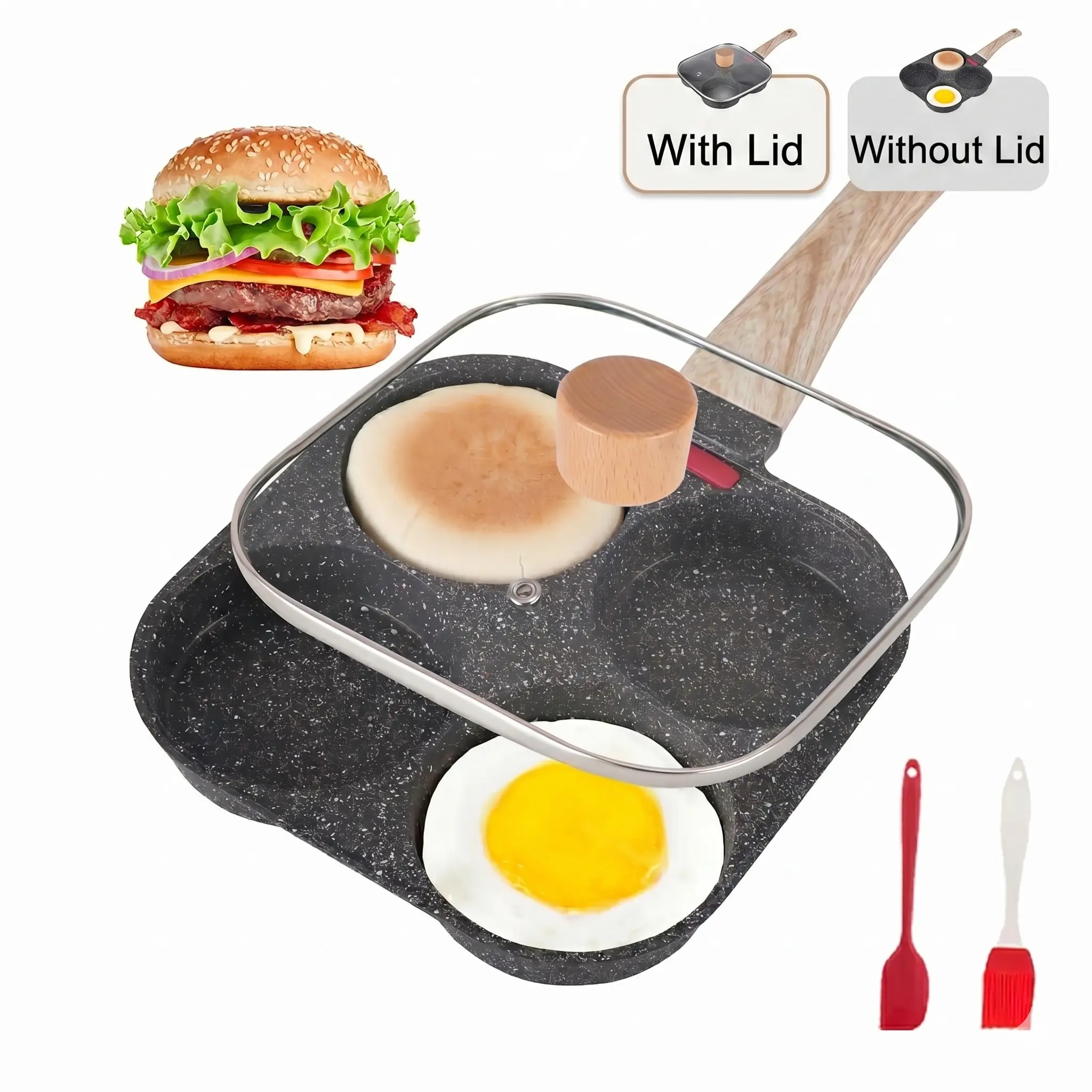 4-Hole Nonstick Egg Fry Pan with Free Oil Brush & Spatula | Multifunction Breakfast Pan for Eggs, Pancakes & Bacon | Gas & Induction Compatible,home essentials