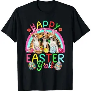 Happy Easter Y'all Three Cute Bunny Beagles Rainbow Eggs T-Shirt