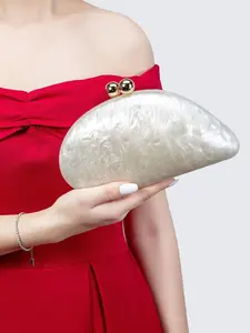 Elegant Shell Clutch Bag for Women, Acrylic Long Chain Evening Purse, Party Handbag, Designer Wallet, Gold Ivory Color