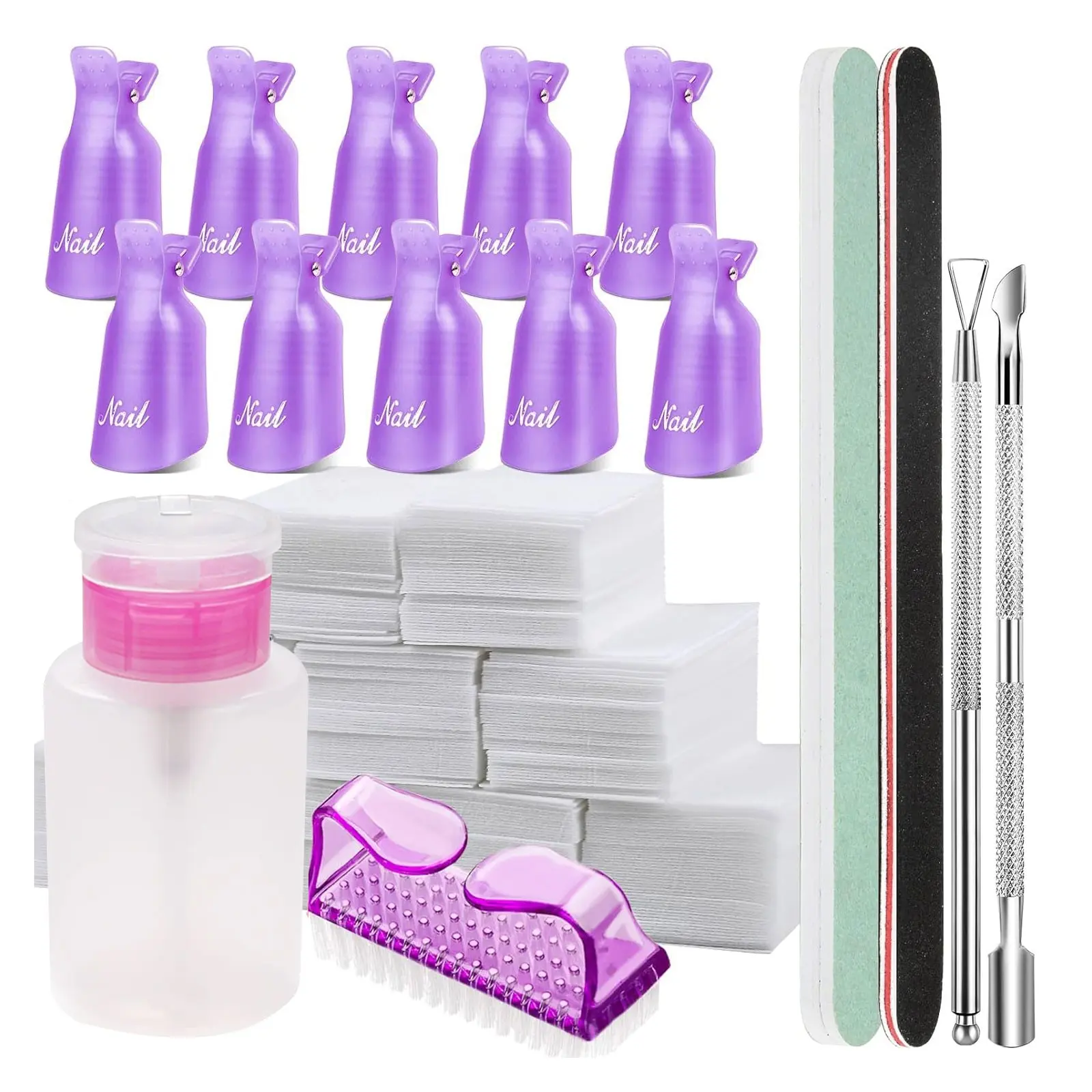 Nail Polish Gel Remover Tools Kit with Nail Clips, 150ml Nail Polish Remover Bottle, 500 Nail Remover Cotton Pad, Nail Brush, Cuticle Pusher/Peeler, 100/180 Nail File, Buffer Block, Nail Care, Manicure, Manicure Pedicure Remover