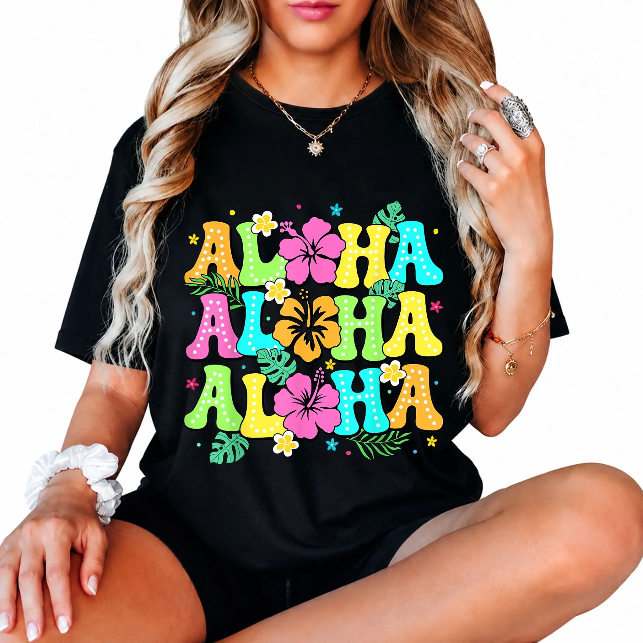 Women's Vintage Hawaiian Graphic T-Shirt, 100% Cotton Short Sleeve Tropical Print Top for Everyday Wear or Luau Parties, Shortsleeve, Tshirt, Casual, Playful Look, Lady, Streetwear, Tropical Clothing For Women