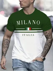 Men's Summer Top Lheurystic 3D Digital Print Classic T-Shirt, Milano Italia Pattern, Casual Sport Fashion Breathable Round Neck Short Sleeve, 100% Polyester