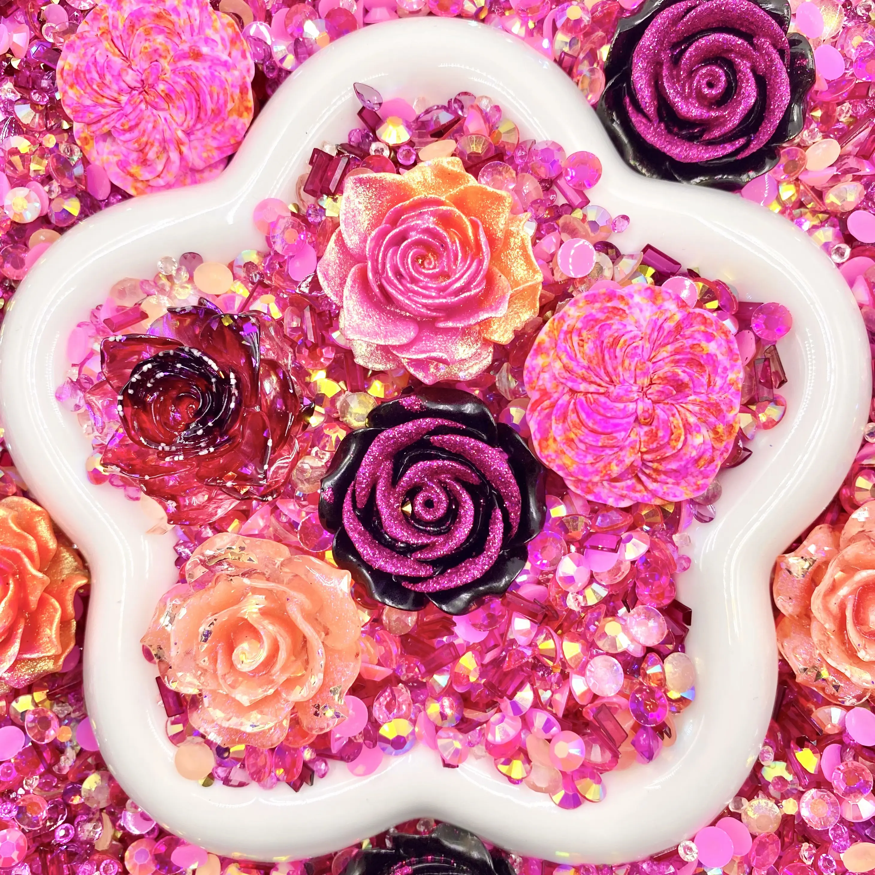 Tutti- Frutti Sunset - Rose Mix - Floral Resin Cabochon Mix with Rhinestones – Assorted Flower Resin Charms for Whipped Cream Glue, Resin Art & Mirror Decoration