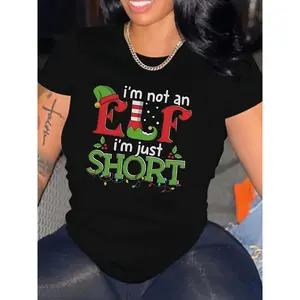 Women'S Christmas Elf Graphic T-Shirt - "I'm Not an Elf, I'm Just Short" Funny Holiday Design, Black Short Sleeve Crew Neck Tee with Festive Red & Green Print, Perfect for Casual Wear, Christmas Shirts