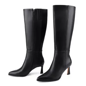 Women’s kitten heel knee-high boots with side zipper, pointed toe, tall leather dress booties, black