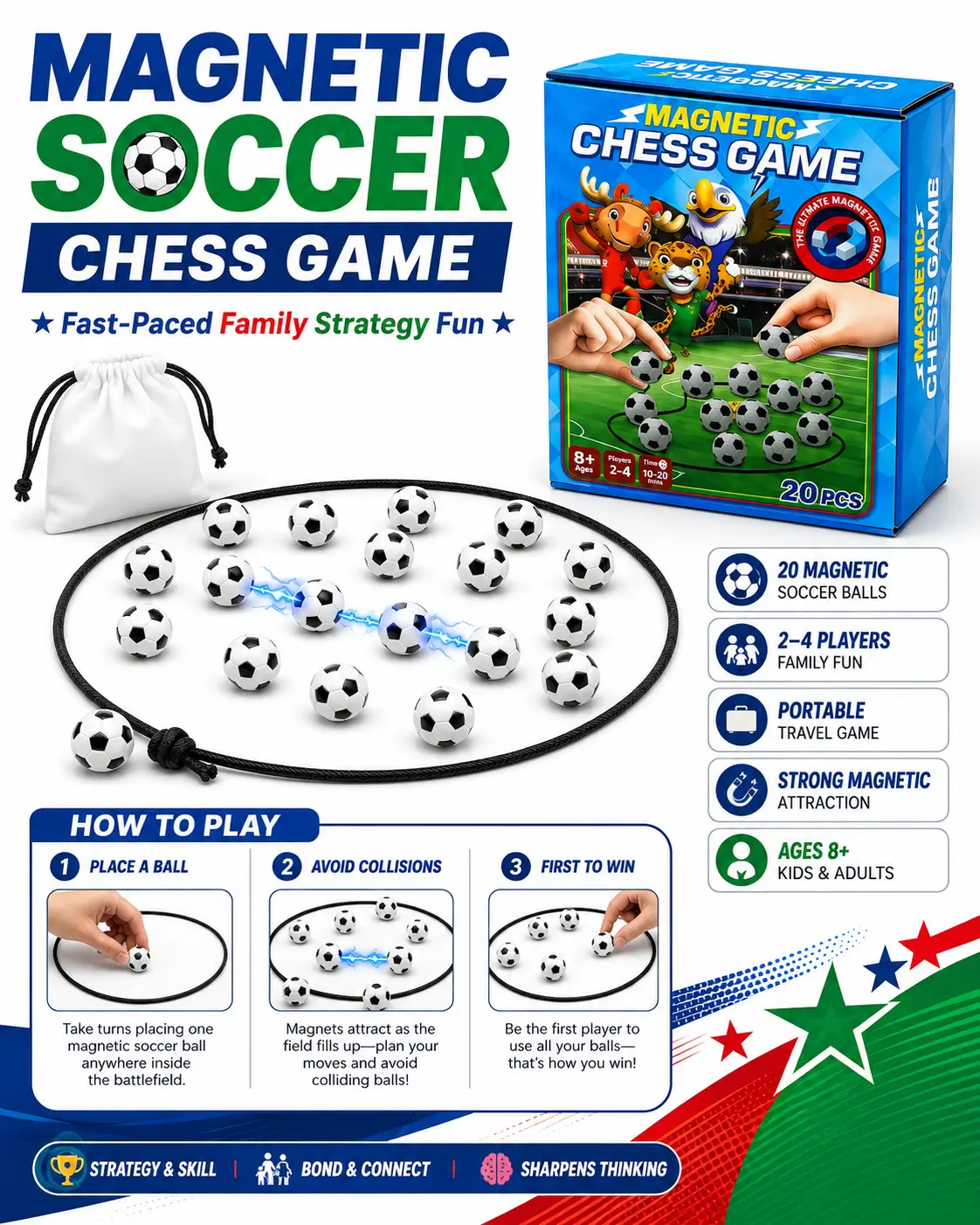Magnetic Soccer Chess Game for Kids, Teens & Adults - Fast-Paced Strategy Board Game for Family Game Night, Party & Classroom I Portable Indoor Travel Tabletop Game I Birthday Gift for Boys Girls Soccer FansI20 Magnets, Rope & Travel Bag I Ages 8+