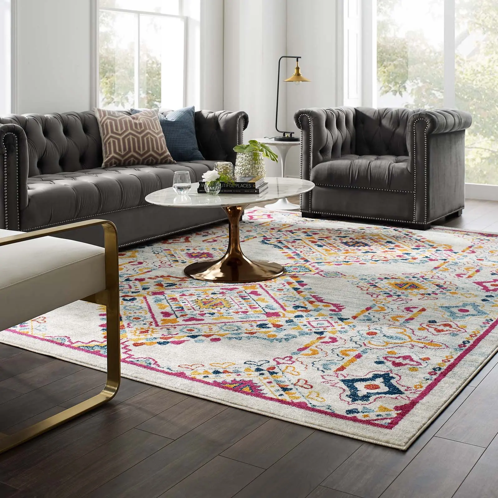 Modway Entourage Khalida Distressed Floral Lattice 8x10 Area Rug in Ivory, Blue, Orange, Yellow, Red