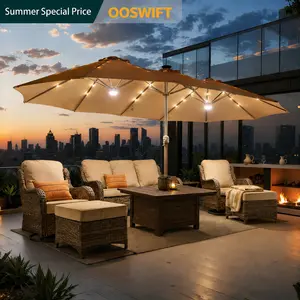 [Upgraded Brighter Lighting]OOSWIFT High-End 15FT Adjustable Offset Patio Umbrella with Solar Lights, Oversized Outdoor Double-Sided Pool Umbrella with Crank, Solar Color-Changing & UV Protection, Rectangular Market Umbrella with Base for Garden, Deck