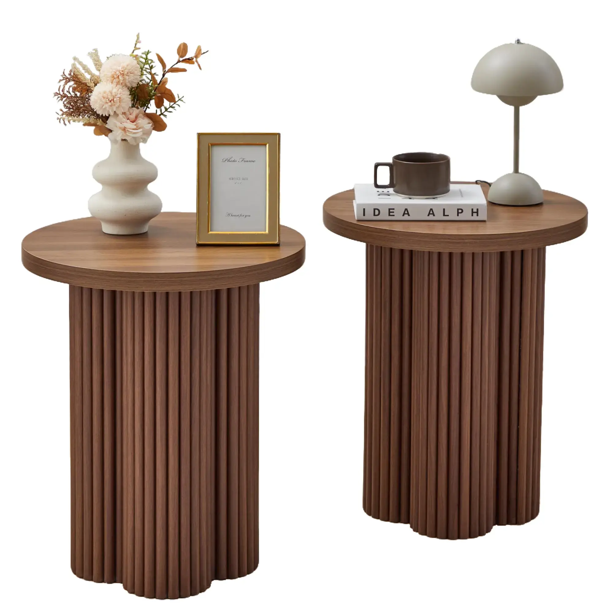 Giratree  Small Sofa Side Table (Optional 2-Piece Set) — Side Table with Fluted Cylindrical Base & Solid Wood Round Nightstand; Rustic-Style Bedside Table/Accent Table Suitable for Living Rooms and Small Spaces