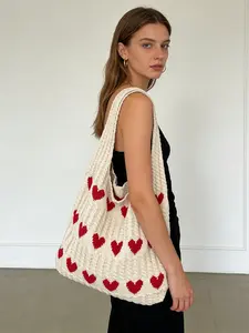 Simple hollowed-out heart pattern design shoulder bag, women's fashion casual beach knit bag