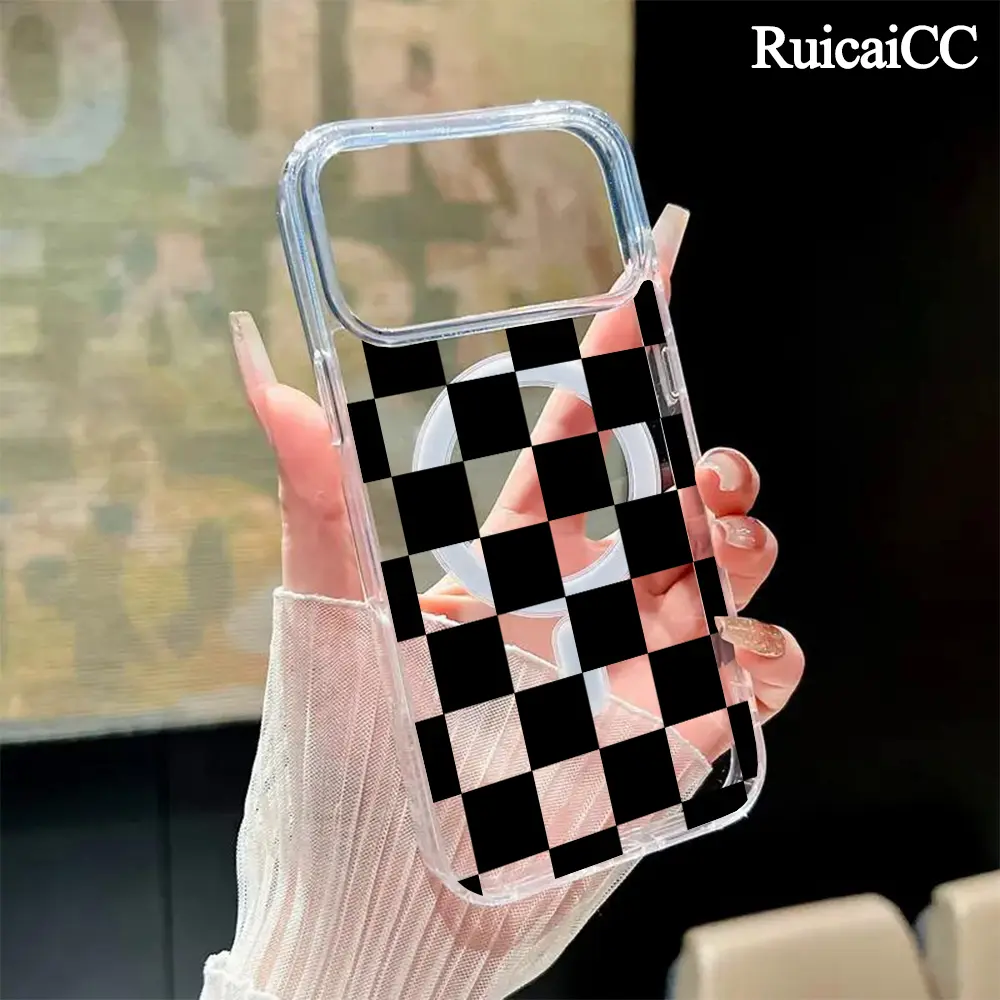 Black Checkered Aesthetic Magnetic TPU Phone Case - Shockproof, Soft, Durable, Resistance Protection Cover for iPhone 11,12,13,14,15 Plus,16 Pro Max,17 Air,17 Pro Customized Transparent Accessory