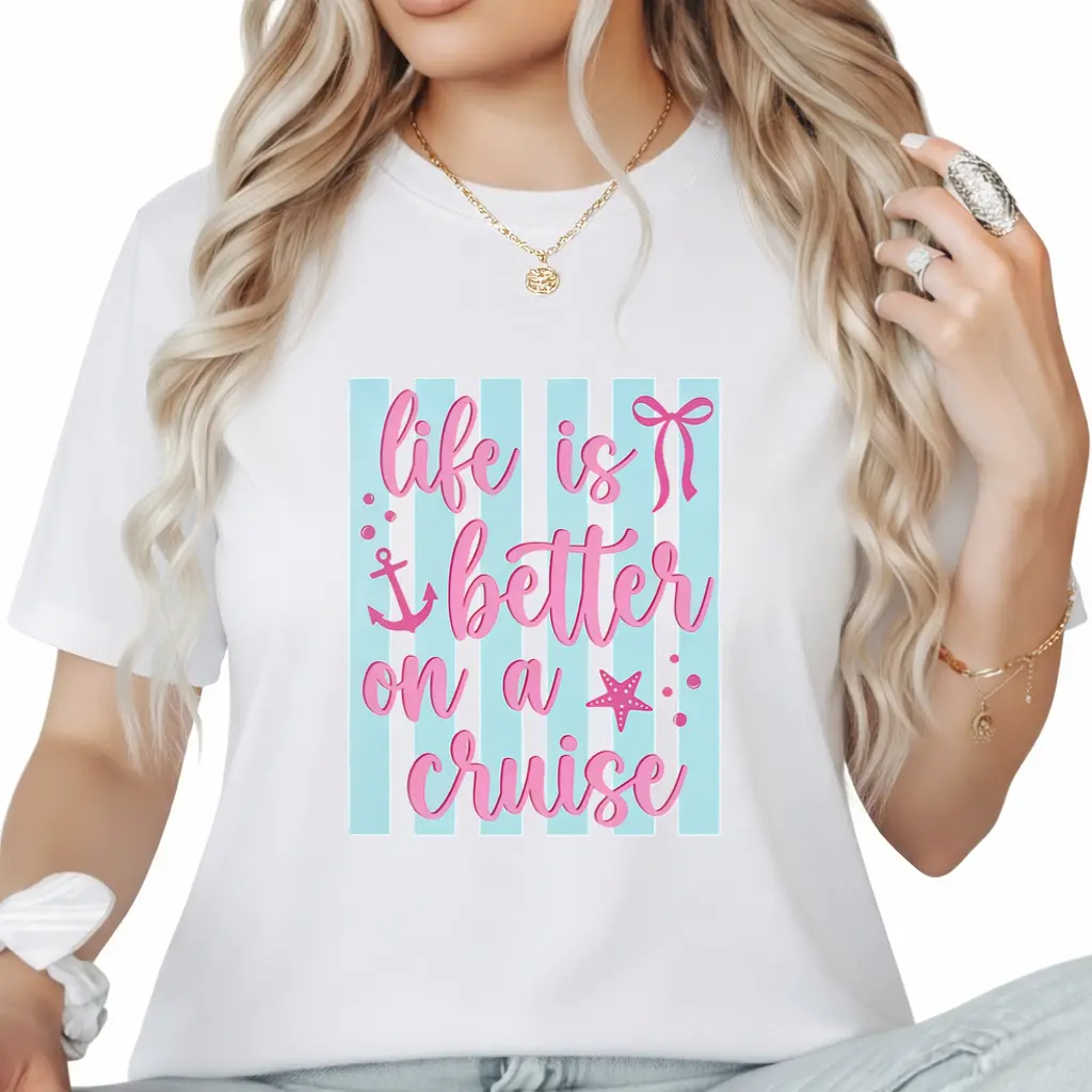 Life Is Better on a Cruise T-Shirt, Retro Striped Cruise Vacation Graphic Tee, Coastal Travel Shirt, Summer Beach Holiday Apparel, Cruise Lover Gift for Women & Men