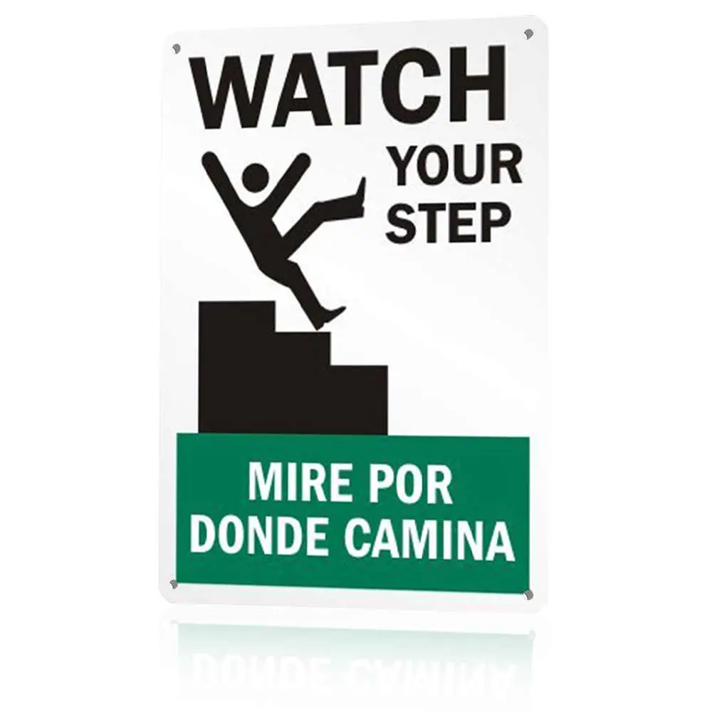 Bilingual English-Spanish "Watch Your Step" Aluminum Safety Warning Plaque, 12x8in Lightweight Retro Decorative Signage, Fade-Resistant Slip-Prevention Silver Metallic Home Signs, Metal Signs with Nails & Screws for Easy Office Installation