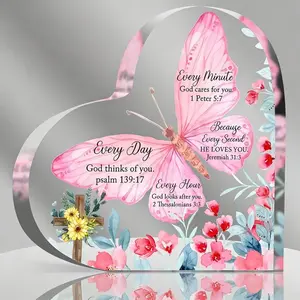 Butterfly & Flower Pattern Acrylic Ornament Heart Shaped Bible Verse Inspirational Desktop Decoration Religious for Home School Office Dormitory, Easter Home Decor Gift