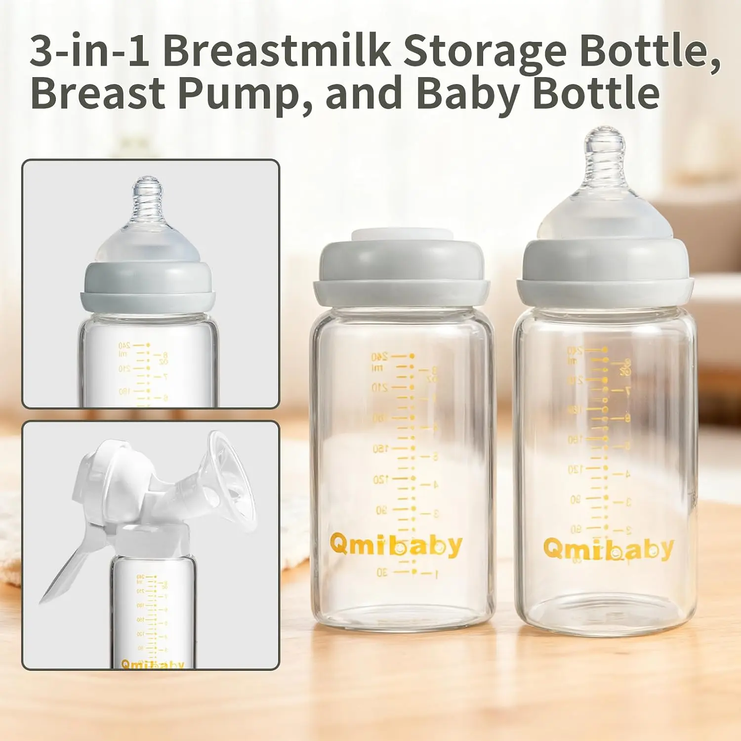 Breast Milk Storage Bottles 240ml 8oz BPA-Free Leak-Proof Natural Baby Bottle for Breastmilk Storage Wide Neck Bottles with Screw Ring Sealing Disk Breastfeeding (Grey+Pink, 240ml-6Packs)