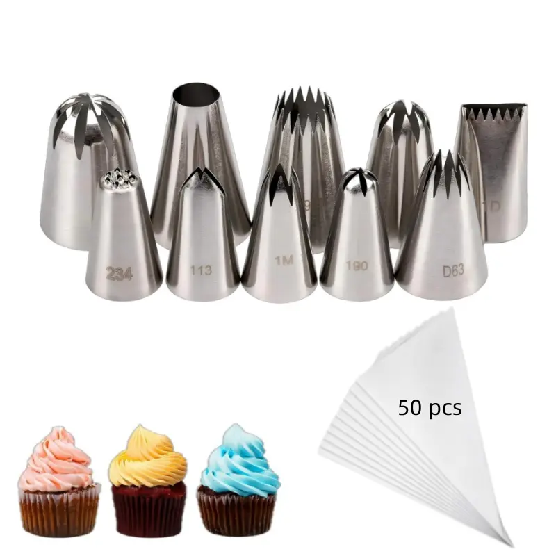 10 pieces of stainless steel piping nozzle with 50 pieces disposable piping bag, professional cream piping nozzle, suitable for paper cupcake decoration, cookies, baking, DIY dessert decoration, cake decoration tool