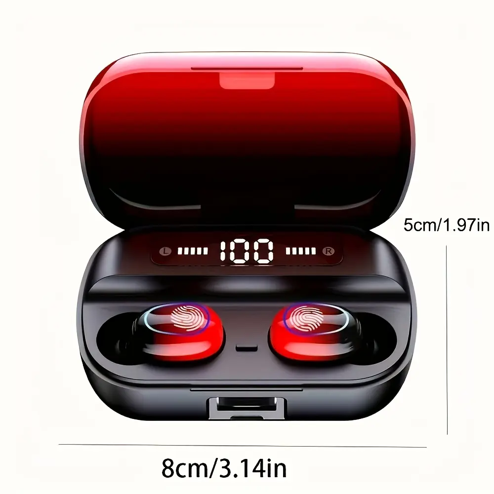 【FS】True Wireless Bluetooth Earbuds, 150-Hour Extra Long Battery Life, Hi-Fi Stereo Enhanced Bass Sound, LED Digital Battery Display, Fingerprint Touch Control, 1-Step Auto Pairing, 3 Ear Tips (Red/Black)