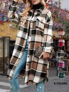 Women's Colorblock Plaid Print Button Front Loose Fit Drop Shoulder Coat Jackets, Colorblock Button Outerwear, Casual Chic Style Long Sleeve Collared Pocket Coat for Fall & Winter, Women's Womenswear Clothing for Daily Wear 1 Piece