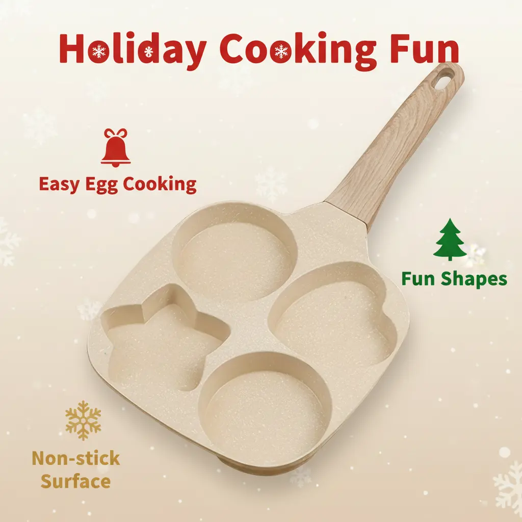 4-Hole Cornmeal Stone Non-Stick Square Omelette Pan - Thickened Composite Bottom, 4-Section Star & Heart Shapes, Portable Handle, Electric & Gas Stove Compatible, Gray/Beige Kitchen Cookware