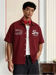 Men's Burgundy "Love" Graphic Oversized Button Down Shirt, Retro Script Print Short Sleeve Casual Streetwear Top, for Street Style & Daily Wear, Menswear, Casual Summer Tops, Casual Outings Shirt