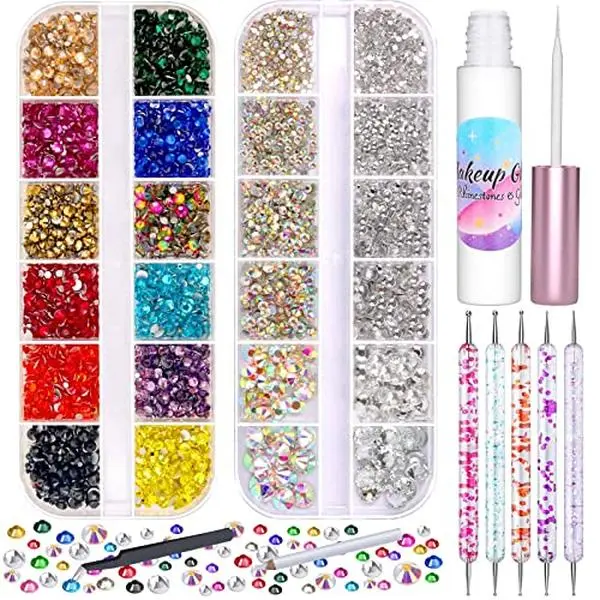 5608Pcs Makeup Rhinestones with Face Glue, Flatback Colorful Face Gems Crystal AB&Clear Eye Jewels with Pickup Dotting Tools for Eye, Body Makeup, Nail Art and DIY Crafts