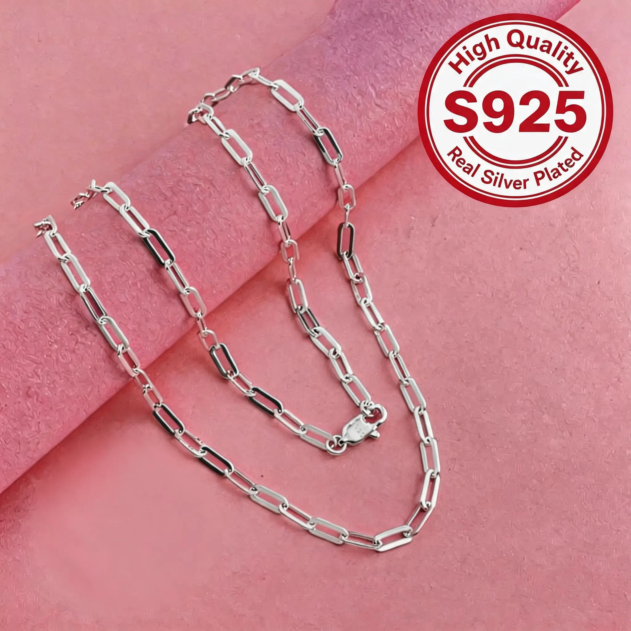 Unisex 925 Silver Plated Paperclip Chain Necklace - Italian Design 3mm Dainty Layering Link, Dual Sizes 19.68in(50cm)/23.62in, Tarnish Resistant Lightweight Daily Jewelry Gift, 23.62In(60Cm), Anniversaries, Birthday